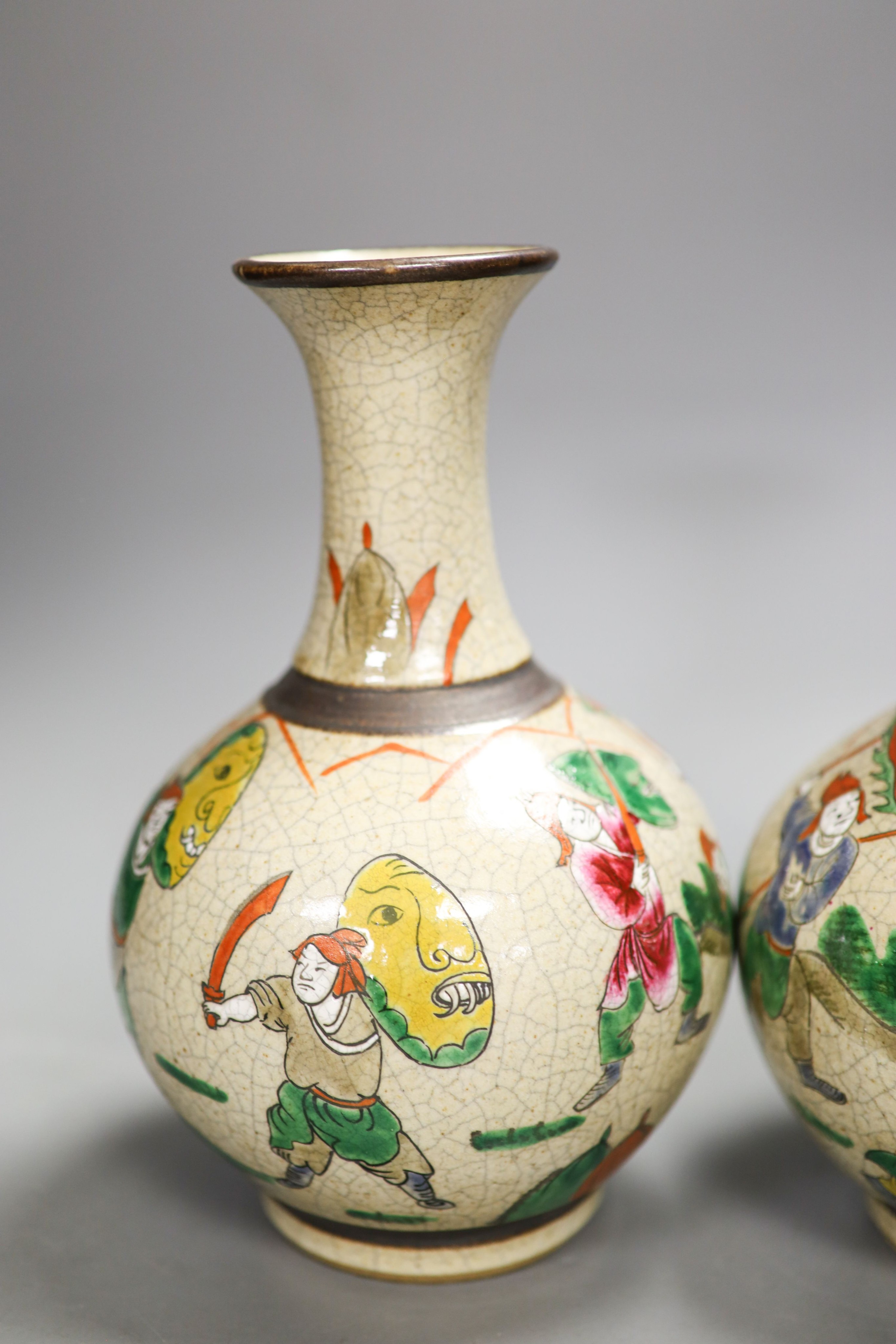 A pair of Chinese crackle glaze famille rose vases, a famille rose dish and a blue and white bowl, 19th century and later